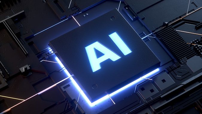 SOTIF & AI Safety Schwarzer Chip mit leuchtendem "AI"-Logo auf einer Platine.
