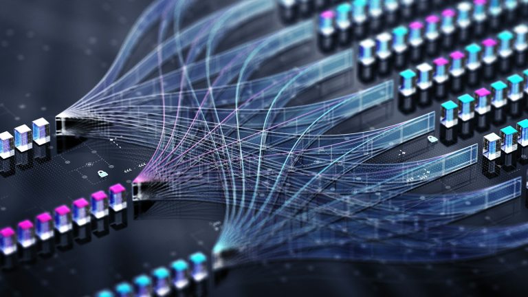 Bunte Datenströme über ein Netzwerk aus Mikroprozessoren und Verbindungsstellen.