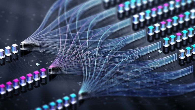 Systems Engineering Abstrakte Darstellung von Datenströmen in einem Netzwerk mit bunten Verbindungen.