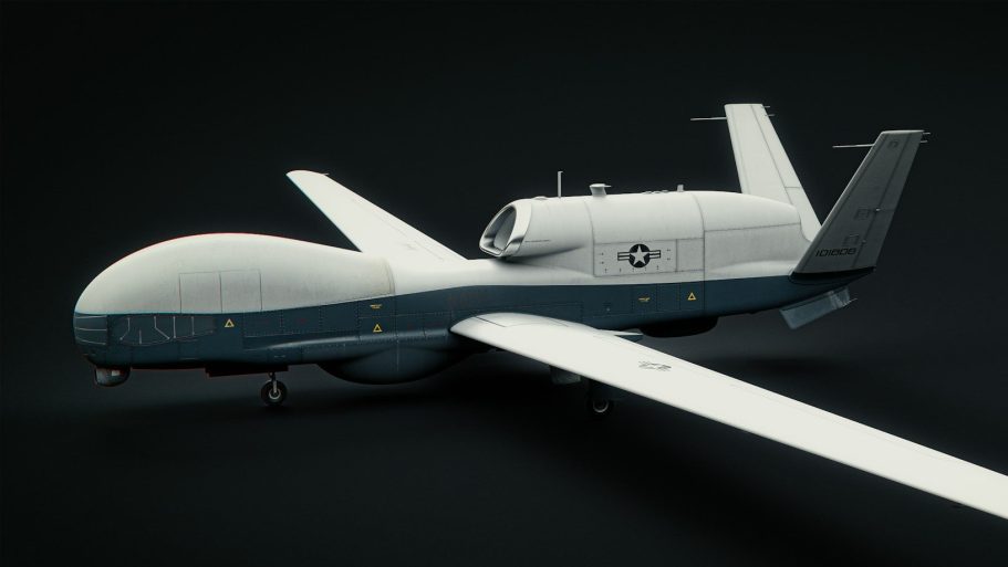 Modell eines Überwachungsdrohnenflugzeugs in grauer und blauer Farbgebung.